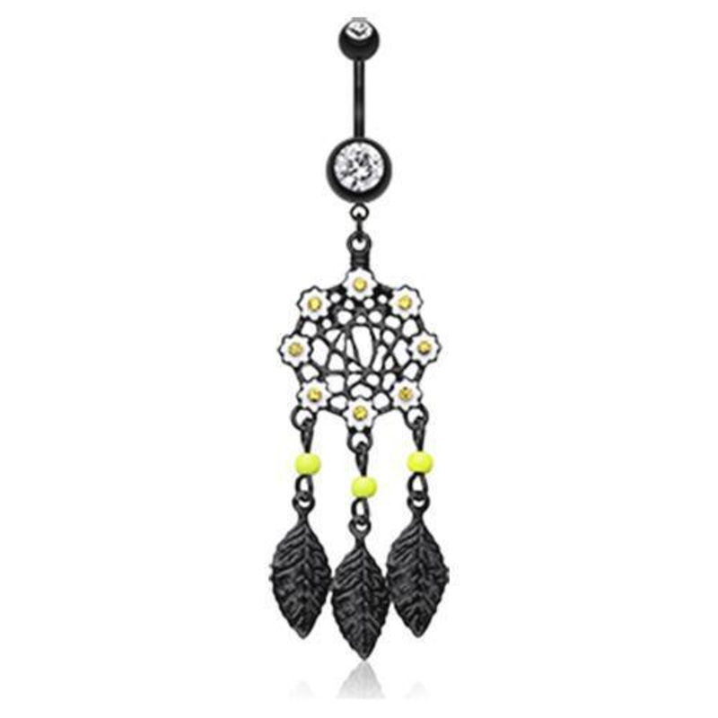 Black/Clear Daisy Glam Dreamcatcher Dangle Belly Ring 14G (1.6mm) Length: 3/8″ (10mm)