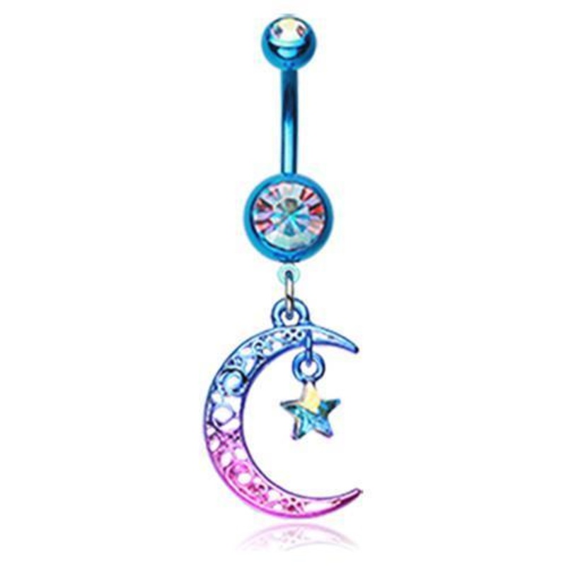 Blue/Aurora Borealis Filigree Moon Star Sparkle Dangle Belly Ring 14G (1.6mm) Length: 3/8″ (10mm)