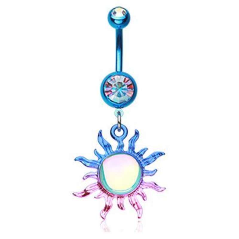 Blue/Aurora Borealis Iridescent Blazing Sun Dangle Belly Ring 14G (1.6mm) Length: 3/8″ (10mm)