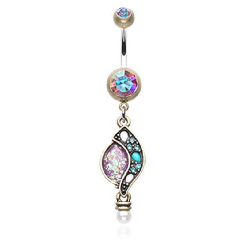 Brass/Aurora Borealis/Purple Vintage Boho Opal Sparkle Journey Dangle Belly Ring 14G (1.6mm) Length: 3/8″ (10mm)