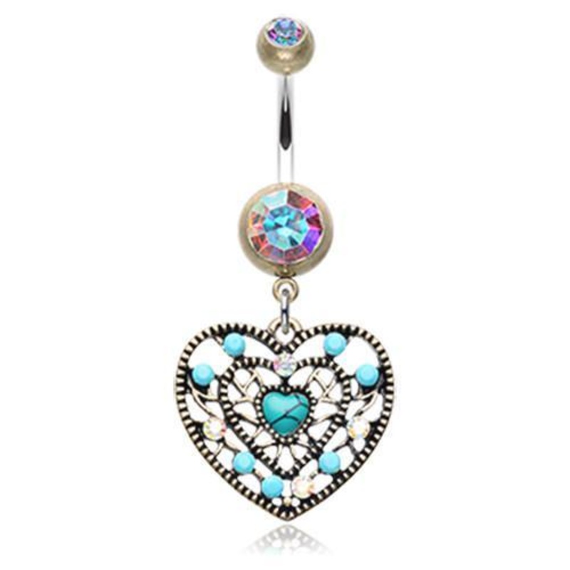 Brass/Aurora Borealis/Turquoise Vintage Boho Filigree Turquoise Heart Dangle Belly Ring 14G (1.6mm) Length: 3/8″ (10mm)