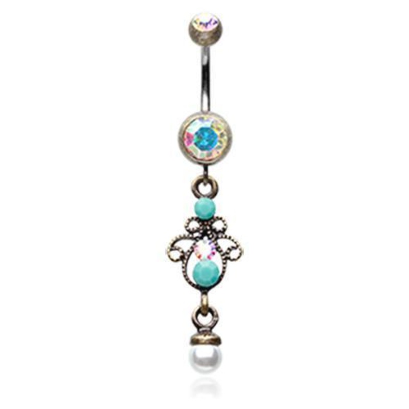 Brass/Aurora Borealis/Turquoise Vintage Brass Burnish Elegant Jeweled Pearl Dangle Belly Ring 14G (1.6mm) Length: 3/8″ (10mm)
