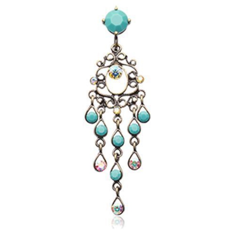 Brass/Aurora Borealis/Turquoise Vintage Brass Burnish Rustica Chandelier Dangle Belly Ring 14G (1.6mm) Length: 3/8″ (10mm)