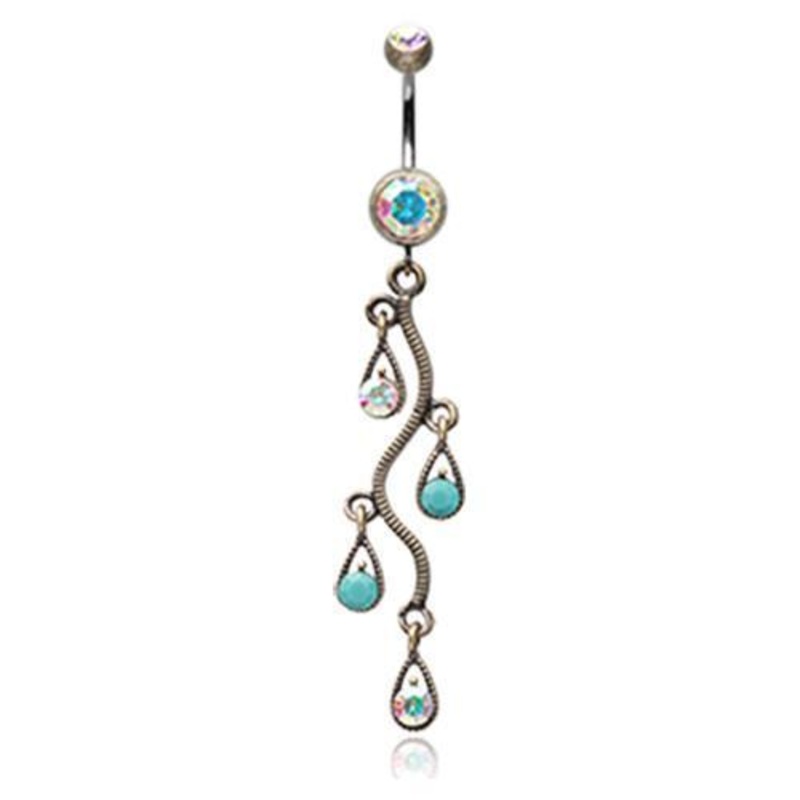 Brass/Aurora Borealis/Turquoise Vintage Brass Burnish Vine Swirl Dangle Belly Ring 14G (1.6mm) Length: 3/8″ (10mm)