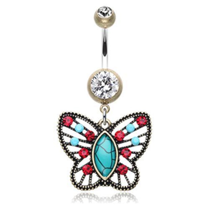 Brass/Clear/Turquoise Vintage Boho Butterfly Fliligree Dangle Belly Ring 14G (1.6mm) Length: 3/8″ (10mm)