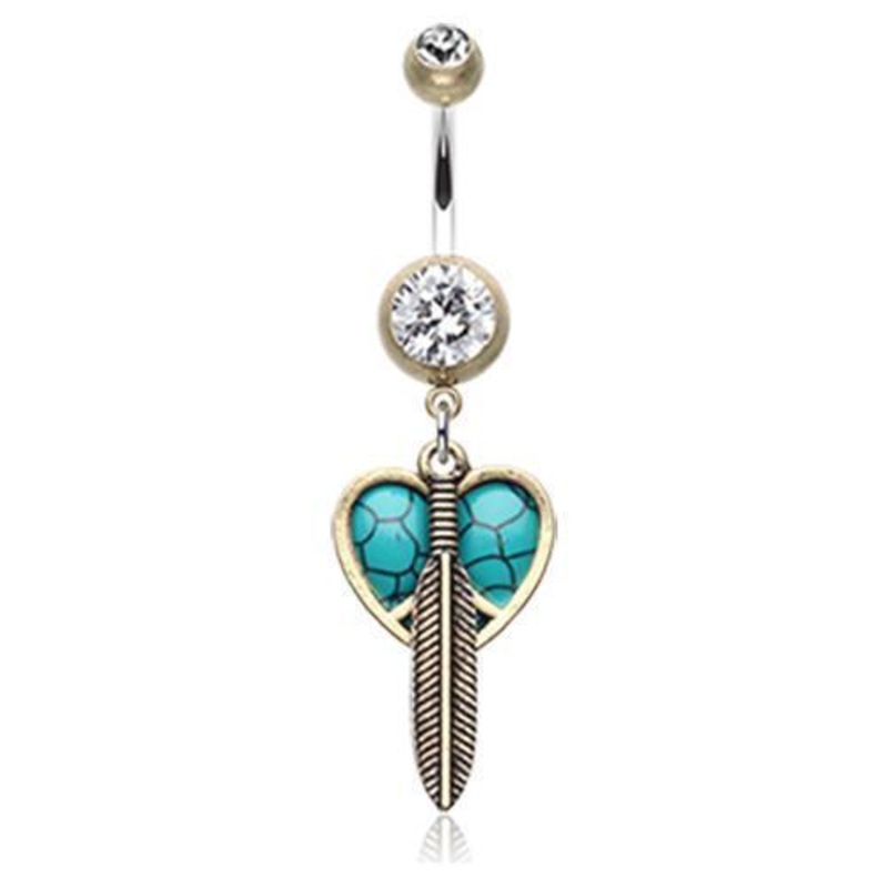 Brass/Clear/Turquoise Vintage Boho Peace Heart Feather Dangle Belly Ring 14G (1.6mm) Length: 3/8″ (10mm)