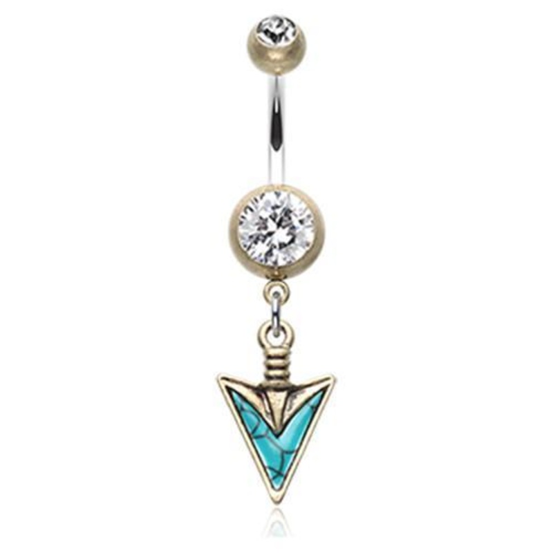 Brass/Clear/Turquoise Vintage Boho Stone Spear Dangle Belly Ring 14G (1.6mm) Length: 3/8″ (10mm)