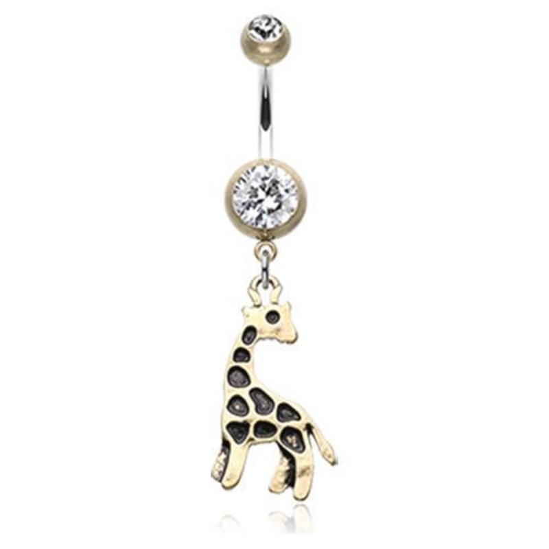 Brass/Clear Vintage Boho Giraffe Dangle Belly Ring 14G (1.6mm) Length: 3/8″ (10mm)