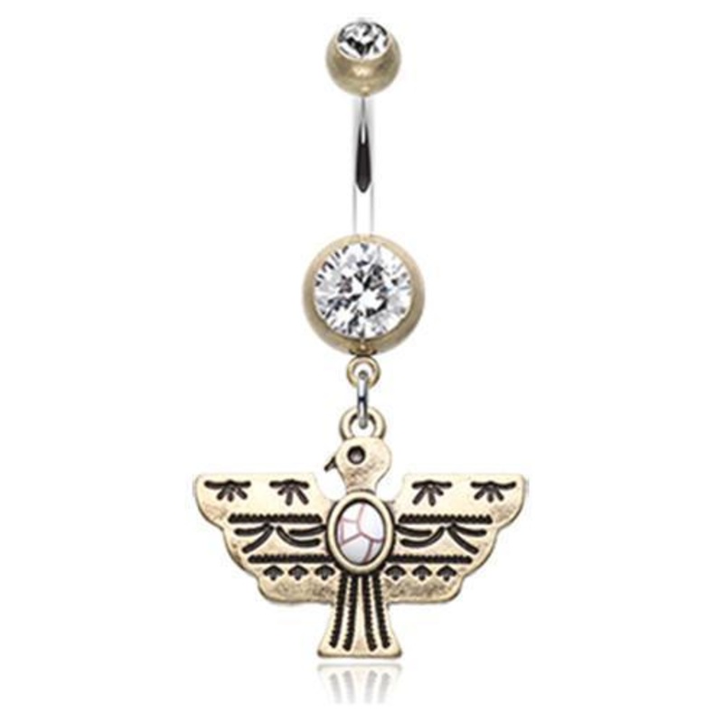 Brass/Clear/White Vintage Boho Aztec Thunderbird Mural Dangle Belly Ring 14G (1.6mm) Length: 3/8″ (10mm)
