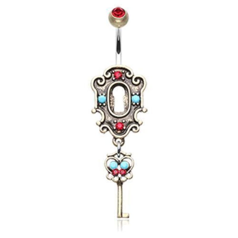 Brass/Red/Turquoise Vintage Boho Victorian Lock and Key Dangle Belly Ring 14G (1.6mm) Length: 3/8″ (10mm)