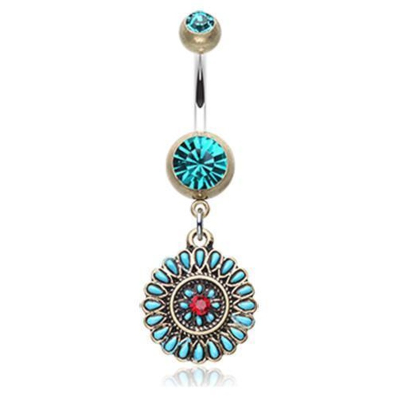 Brass/Teal/Red Vintage Boho Sahasrara Chakra Dangle Belly Ring 14G (1.6mm) Length: 3/8″ (10mm)