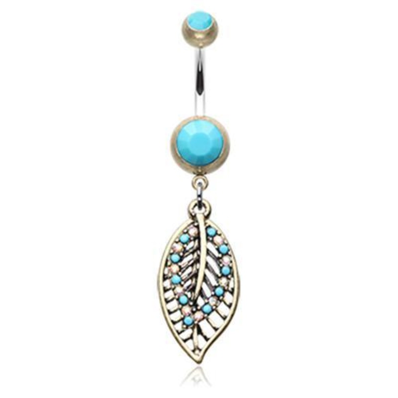 Brass/Turquoise Vintage Boho Ornate Leaflets Dangle Belly Ring 14G (1.6mm) Length: 3/8″ (10mm)