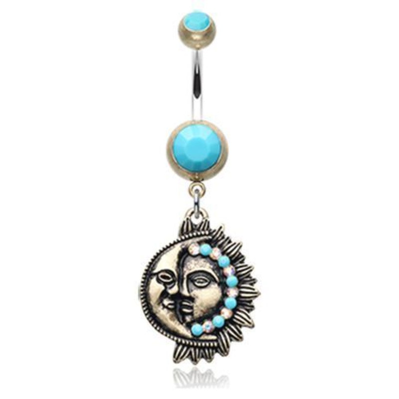 Brass/Turquoise Vintage Boho Sun Moon Dangle Belly Ring 14G (1.6mm) Length: 3/8″ (10mm)