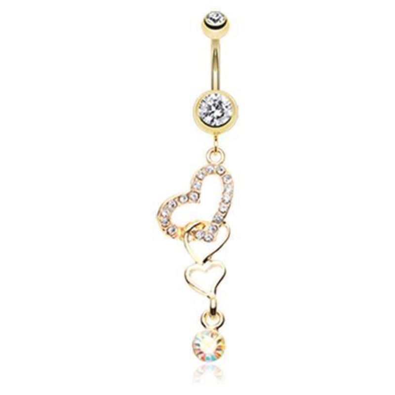 Clear Golden Alluring Jeweled Heart Dangle Belly Ring 14G (1.6mm) Length: 3/8″ (10mm)