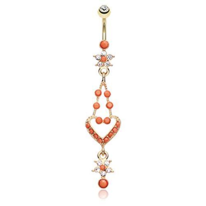 Clear Golden Coral Flora Heart Dangle Belly Ring 14G (1.6mm) Length: 3/8″ (10mm)