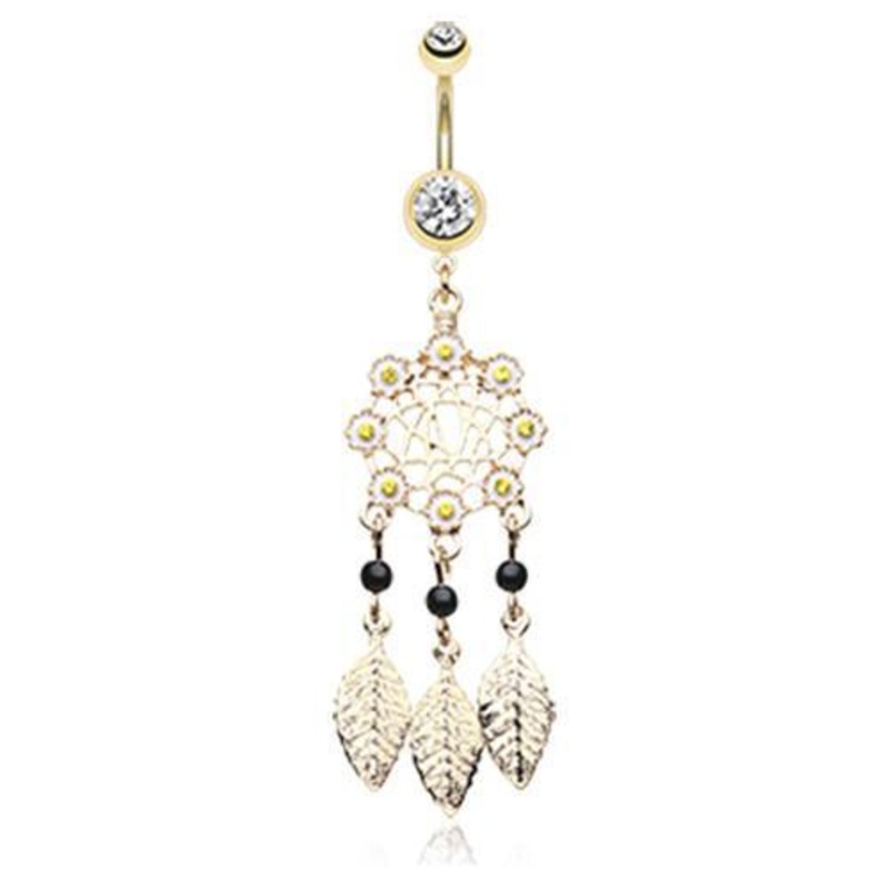 Clear Golden Daisy Glam Dreamcatcher Dangle Belly Ring 14G (1.6mm) Length: 3/8″ (10mm)