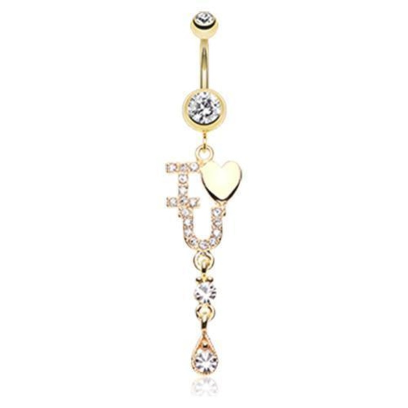 Clear Golden I Love You Sparkle Dangle Belly Ring 14G (1.6mm) Length: 3/8″ (10mm)