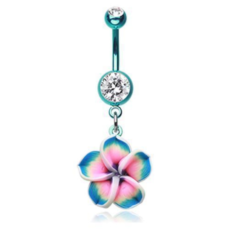 Teal/Clear Hawaiian Plumeria Flower Dangle Belly Ring 14G (1.6mm) Length: 3/8″ (10mm)