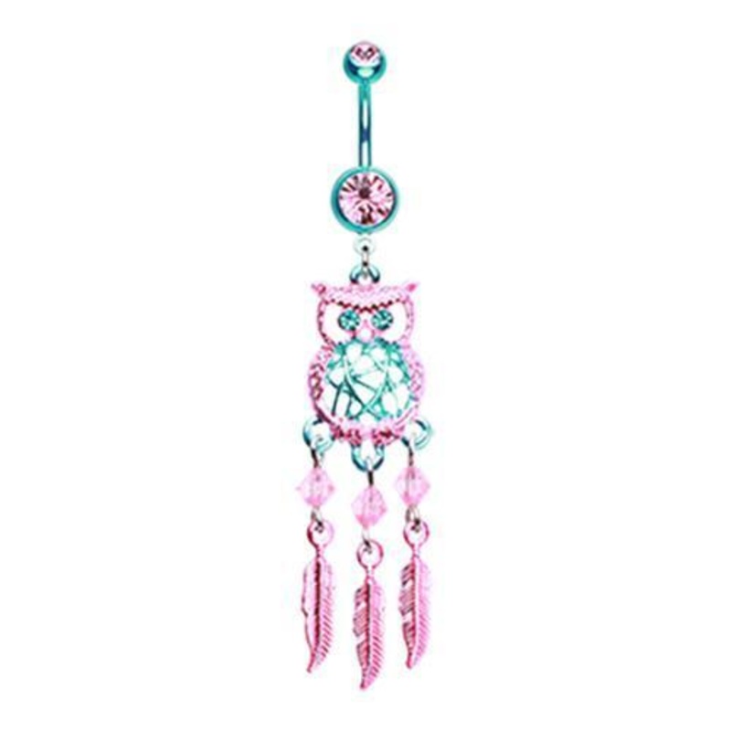 Teal/Pink Guardian Owl Dreamcatcher Dangle Belly Ring 14G (1.6mm) Length: 3/8″ (10mm)