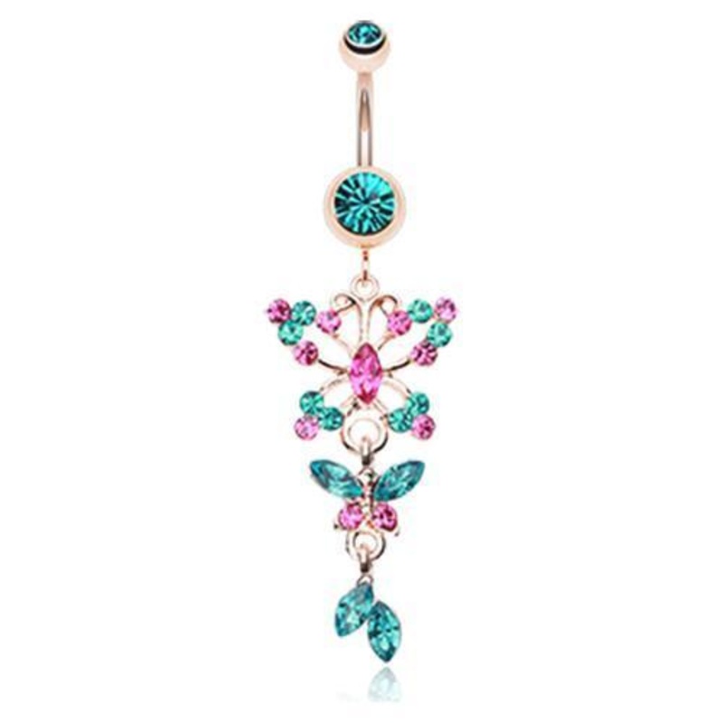 Teal Rose Gold Glam Butterfly Fall Fancy Dangle Belly Ring 14G (1.6mm) Length: 3/8″ (10mm)