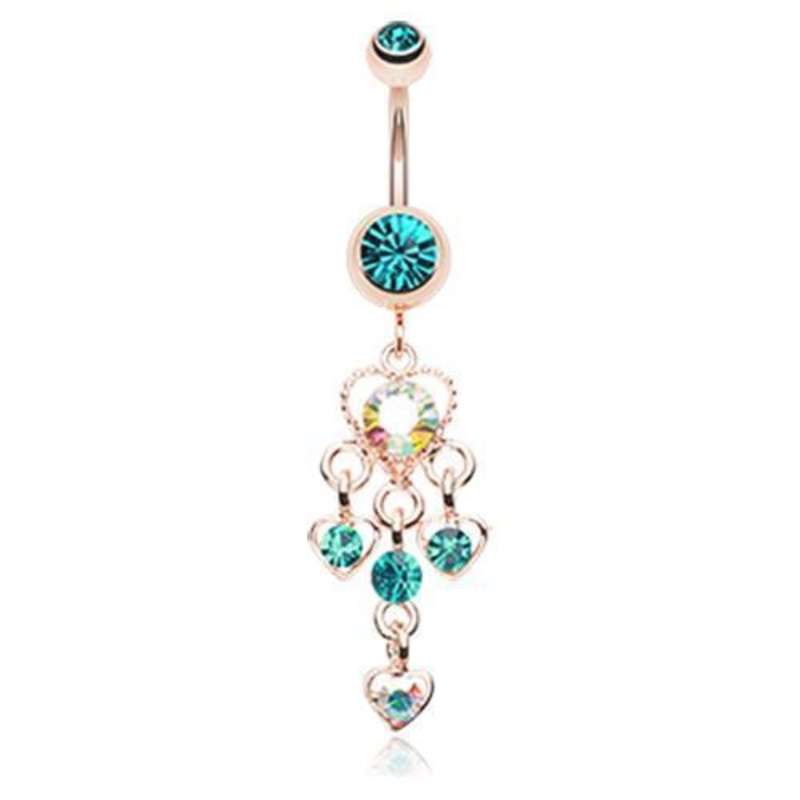 Teal Rose Gold Sparkle Multi Heart Dangle Belly Ring 14G (1.6mm) Length: 3/8″ (10mm)