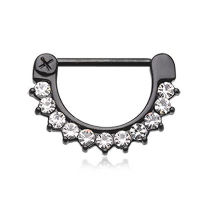Black/Clear Glistening Multi-Gem Nipple Clicker – 1 Piece 14G (1.6mm) Length: 5/8″ (16mm)