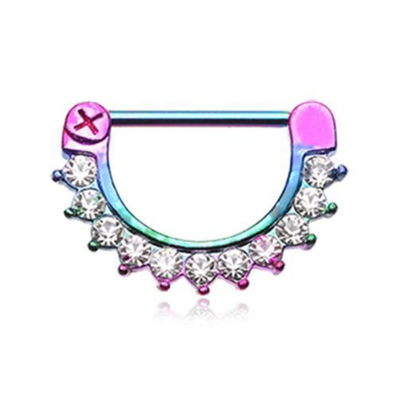 Rainbow/Clear Glistening Multi-Gem Nipple Clicker – 1 Piece 14G (1.6mm) Length: 5/8″ (16mm)