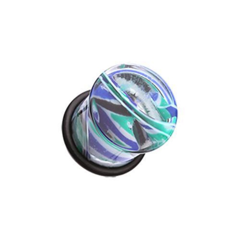 Green/Blue Vibrant Marble Swirls Single Flared Ear Gauge Plug – 1 Pair 00G (10mm)