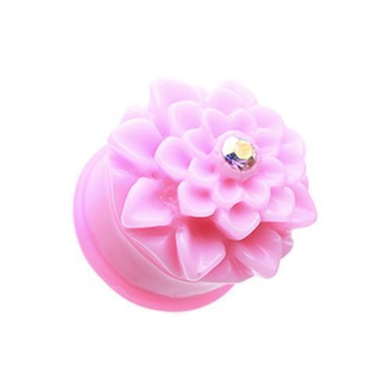 Pink Charming Chrysanthemum Flower Single Flared Ear Gauge Plug – 1 Pair 00G (10mm)