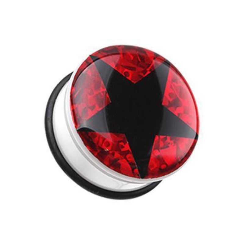 Red Star Glitter Single Flared Ear Gauge Plug – 1 Pair 00G (10mm)