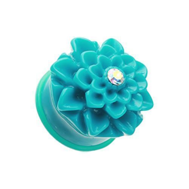 Teal Charming Chrysanthemum Flower Single Flared Ear Gauge Plug – 1 Pair 00G (10mm)