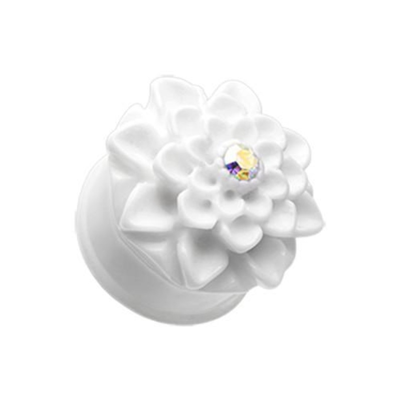 White Charming Chrysanthemum Flower Single Flared Ear Gauge Plug – 1 Pair 00G (10mm)