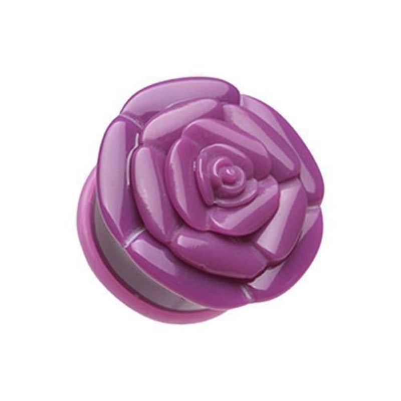 Purple Rose Blossom Flower Single Flared Ear Gauge Plug – 1 Pair 00G (10mm)