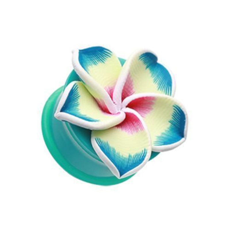 Teal Hawaiian Plumeria Flower Acrylic Ear Gauge Plug – 1 Pair 00G (10mm)