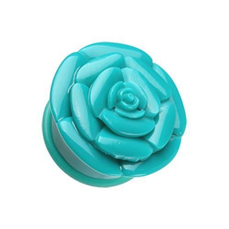 Teal Rose Blossom Flower Single Flared Ear Gauge Plug – 1 Pair 00G (10mm)