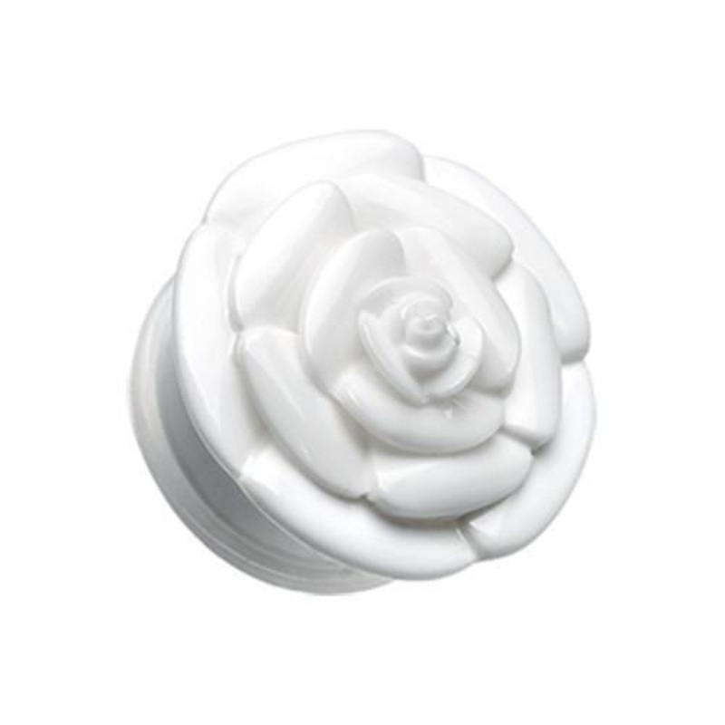 White Rose Blossom Flower Single Flared Ear Gauge Plug – 1 Pair 00G (10mm)