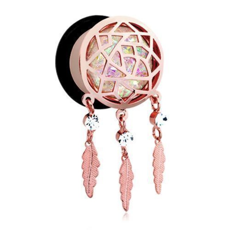 White Rose Gold Opal Sparkle Dreamcatcher Single Flared Ear Gauge Plug – 1 Pair 00G (10mm)