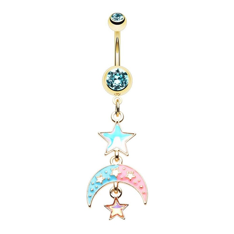 Aqua Golden Pastel Moon Star Dangle Belly Ring 14G (1.6mm) Length: 3/8″ (10mm) Aqua