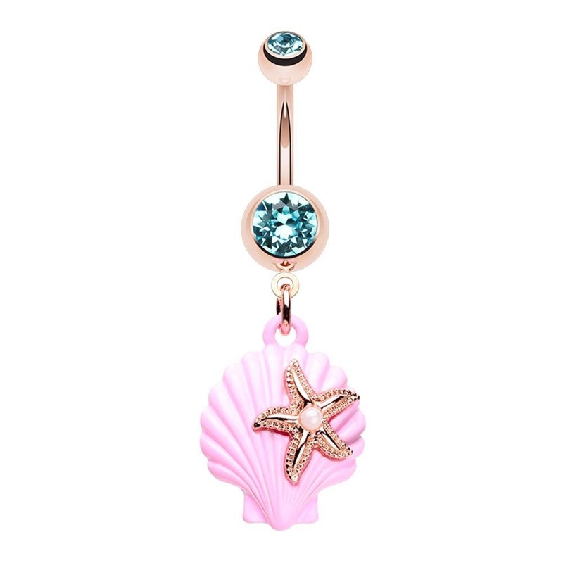 Aqua Rose Gold Under the Seashell Dangle Belly Ring 14G (1.6mm) Length: 3/8″ (10mm) Aqua