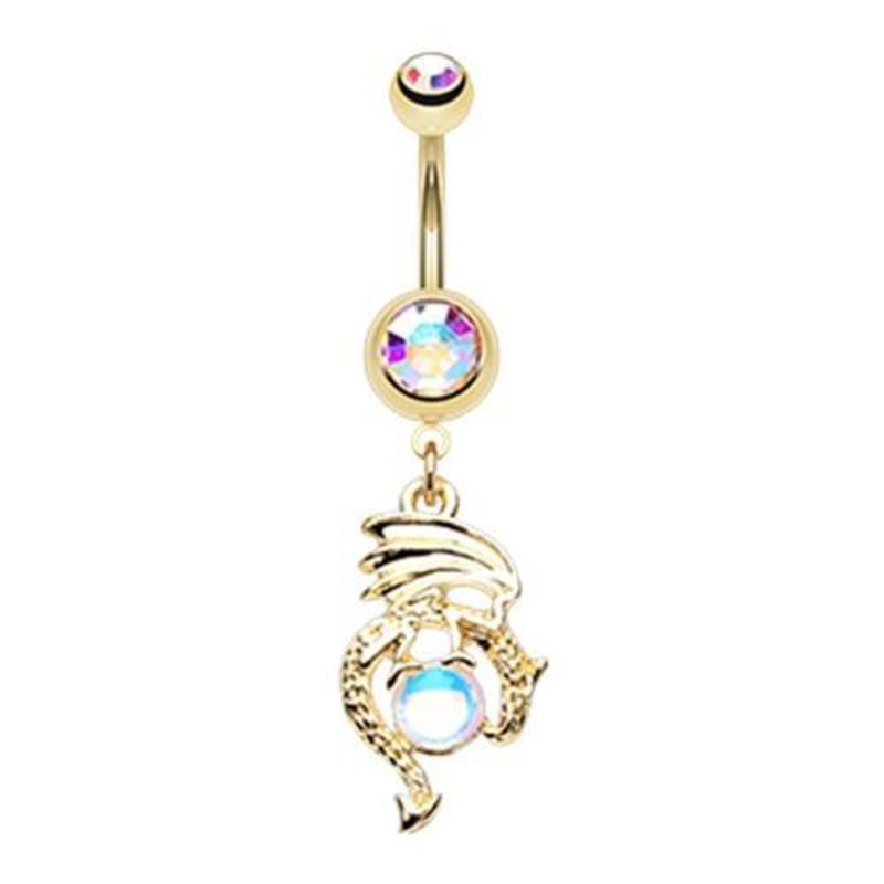 Aurora Borealis Golden Mother of Dragons Dangle Belly Ring 14G (1.6mm) Length: 3/8″ (10mm) Aurora Borealis