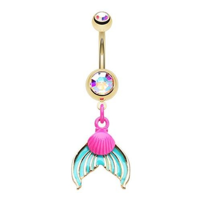 Aurora Borealis Golden Oceanic Mermaid Tail Dangle Belly Ring 14G (1.6mm) Length: 3/8″ (10mm) Aurora Borealis