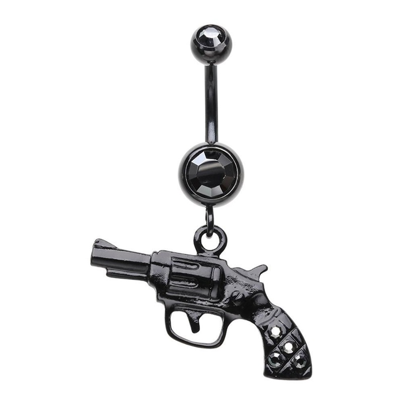 Black Pistol Gun Sparkle Dangle Belly Ring 14G (1.6mm) Length: 3/8″ (10mm)
