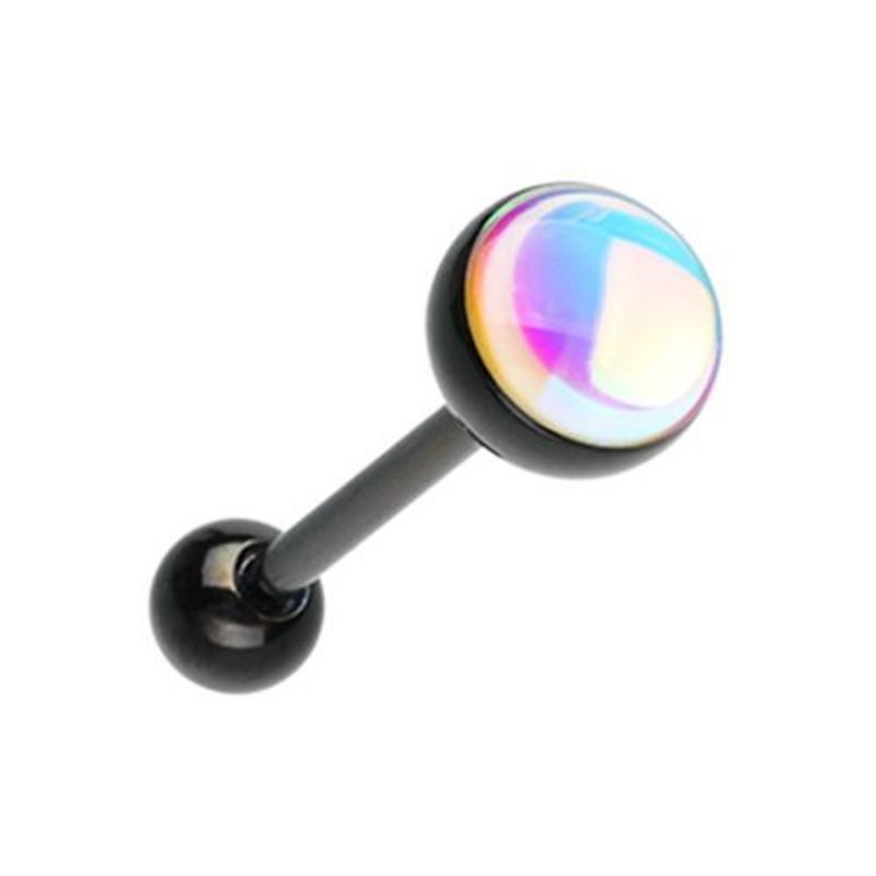 Black Synthetic Moonstone Illumilating Barbell Tongue Ring 14G (1.6mm) Length: 5/8″ (16mm) Black