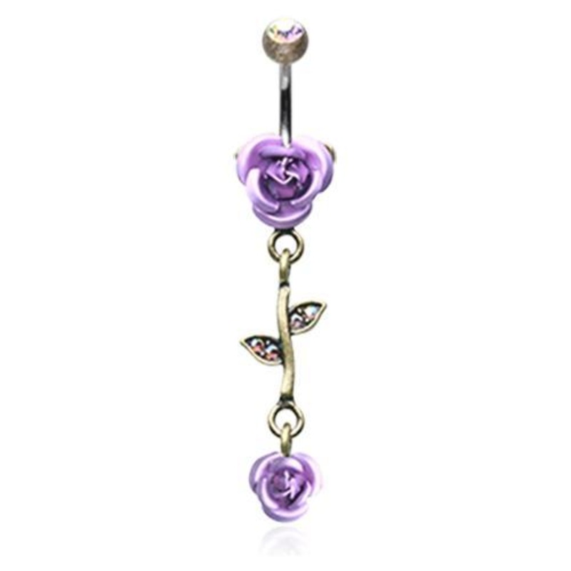 Brass/Aurora Borealis/Purple Vintage Brass Burnish Metal Rose Dangle Belly Ring 14G (1.6mm) Length: 3/8″ (10mm) Brass/Aurora Borealis/Purple