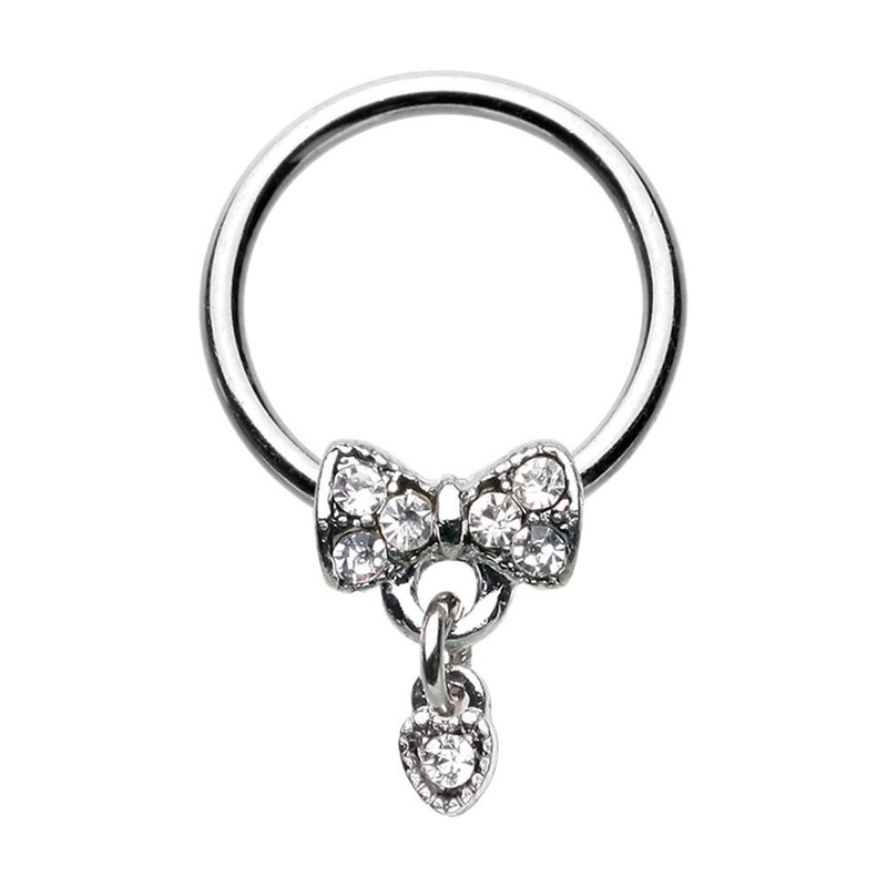 Clear Dainty Bow-Tie Dangle Captive Bead Ring 16G (1.2mm) Inner Diameter: 3/8″ (10mm) Clear