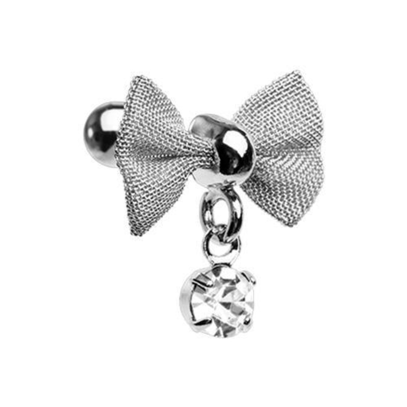 Clear Dainty Mesh Bow Gem Tragus Cartilage Barbell Earring – 1 Piece 18G (1mm) Length: 1/4″ (6mm) Clear