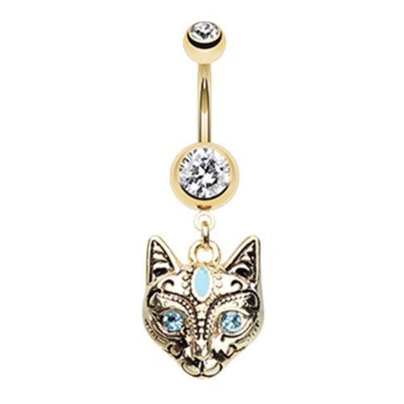 Clear Golden Cleopatra Cat Dangle Belly Ring 14G (1.6mm) Length: 3/8″ (10mm) Clear