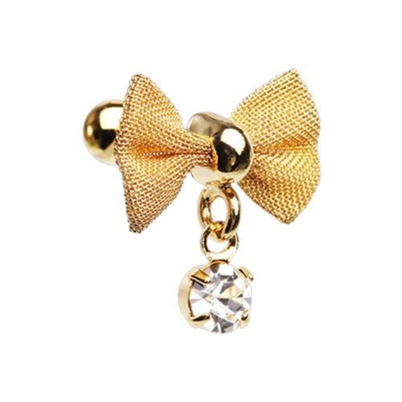 Clear Golden Dainty Mesh Bow Gem Tragus Cartilage Barbell Earring – 1 Piece 18G (1mm) Length: 1/4″ (6mm) Clear