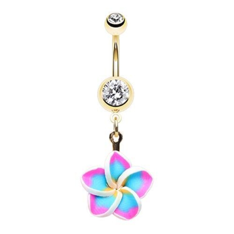 Clear Golden Hawaiian Plumeria Flower Dangle Belly Ring 14G (1.6mm) Length: 3/8″ (10mm) Clear