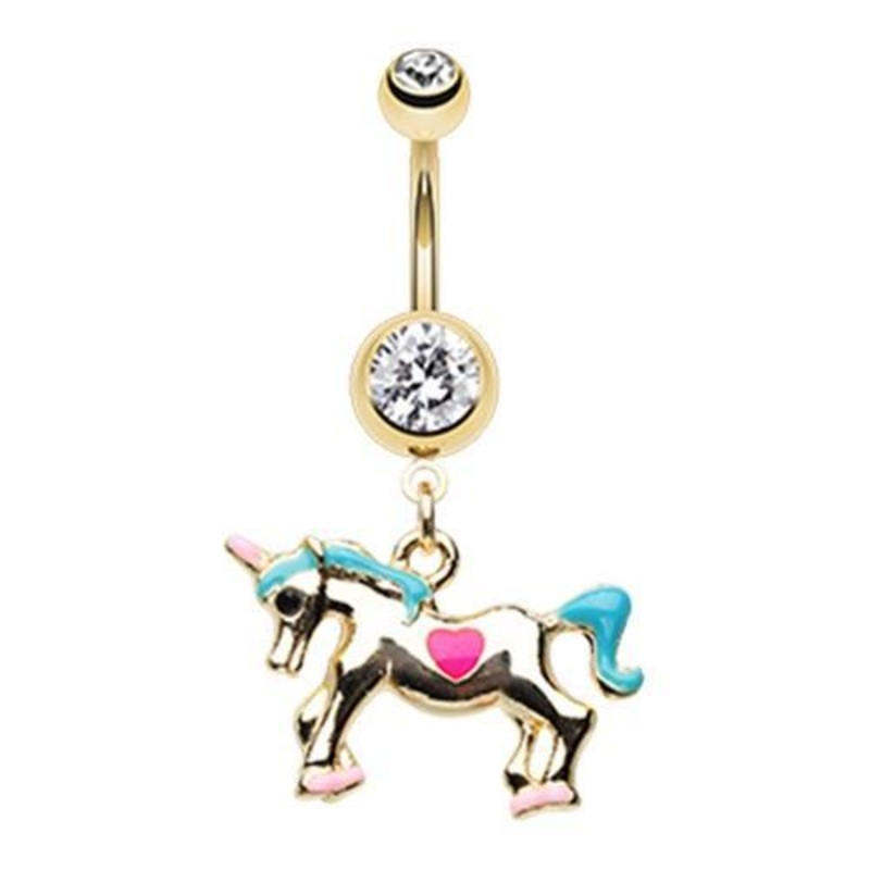 Clear Golden I Believe in Unicorns Dangle Belly Ring 14G (1.6mm) Length: 3/8″ (10mm) Clear